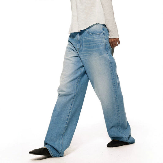 Loose Mid-Low Waist Washed Blue Jeans Women's Straight Leg Relaxed Fit Long Pants