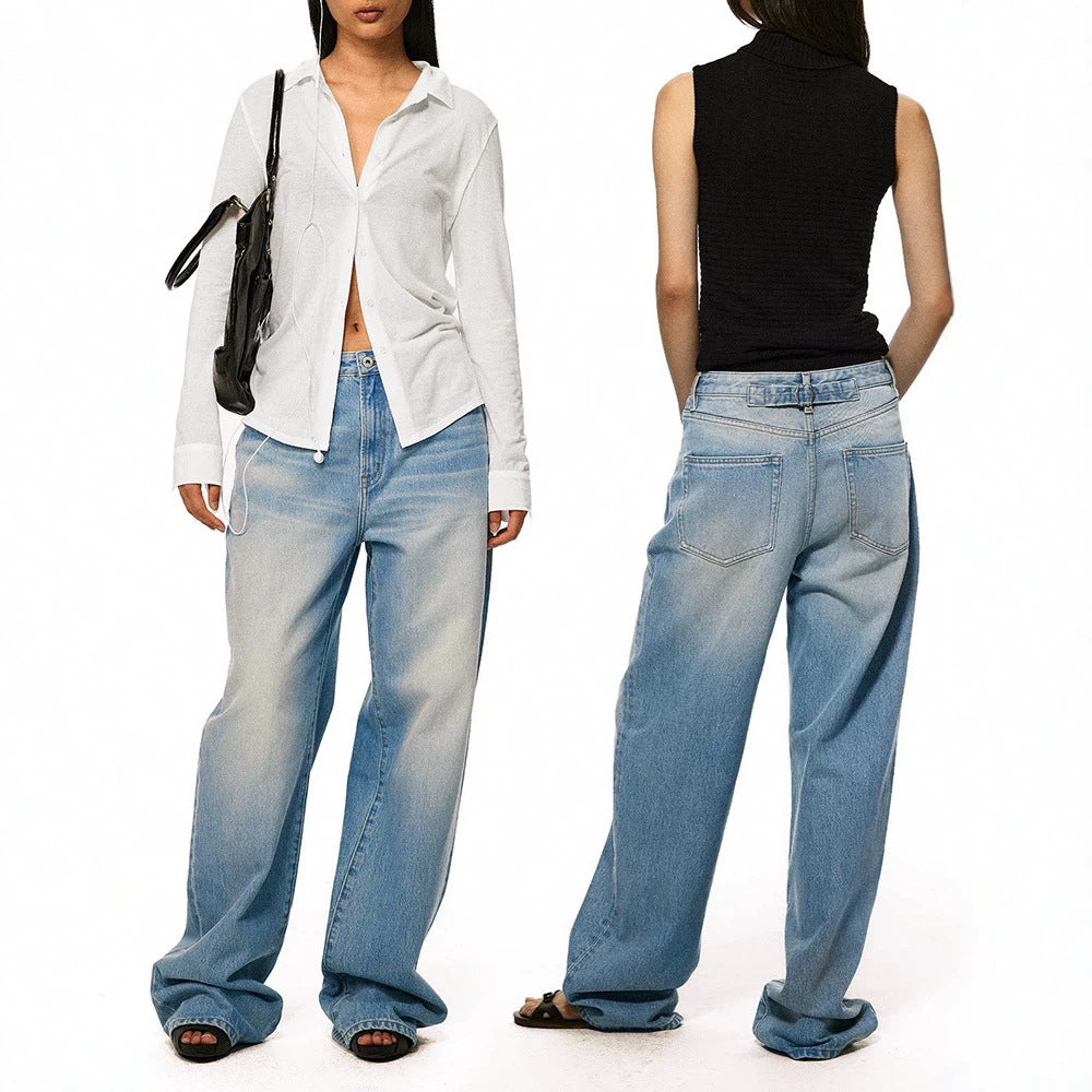 Loose Mid-Low Waist Washed Blue Jeans Women's Straight Leg Relaxed Fit Long Pants