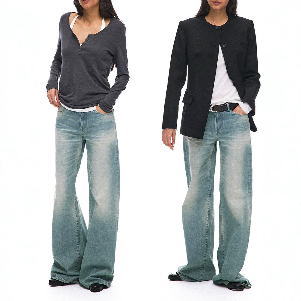 Light Blue Loose Straight Leg Low Waist Vintage Washed Denim Jeans for Women