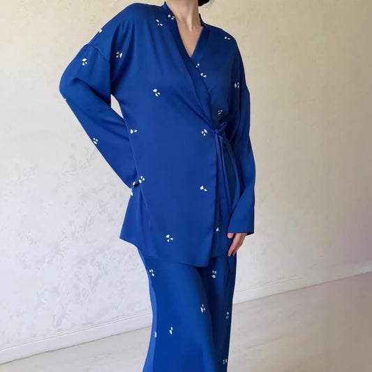 Long Sleeve Dress Set with Print, Satin Round Neck Fitted Waist, Elegant and Fashionable