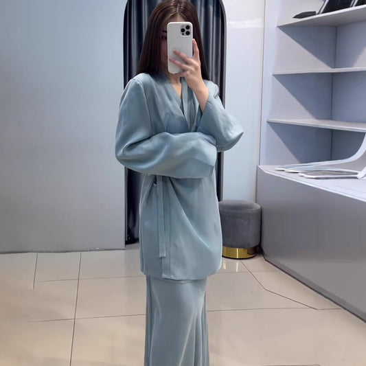 Crossover Sleepwear Waist-Cinching Sheer Spring Dress Set for Women New Fashion with Tie-Up Detail
