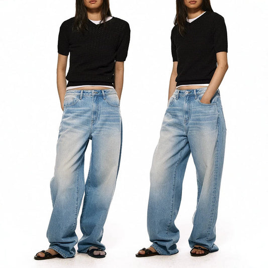 Loose Mid-Low Waist Washed Blue Jeans Women's Straight Leg Relaxed Fit Long Pants