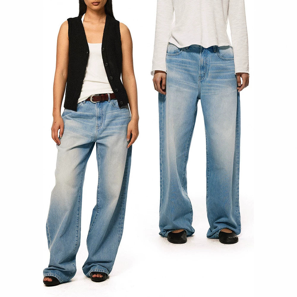 Loose Mid-Low Waist Washed Blue Jeans Women's Straight Leg Relaxed Fit Long Pants