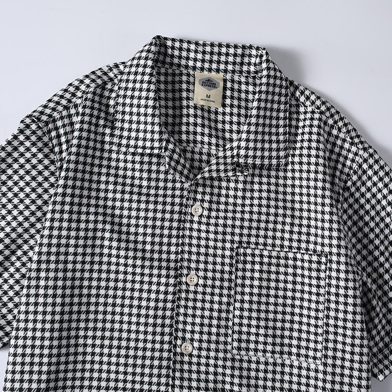 Checkered Cuban Collar Short Sleeve Shirt Men's Relaxed Cool Casual Dress Shirt
