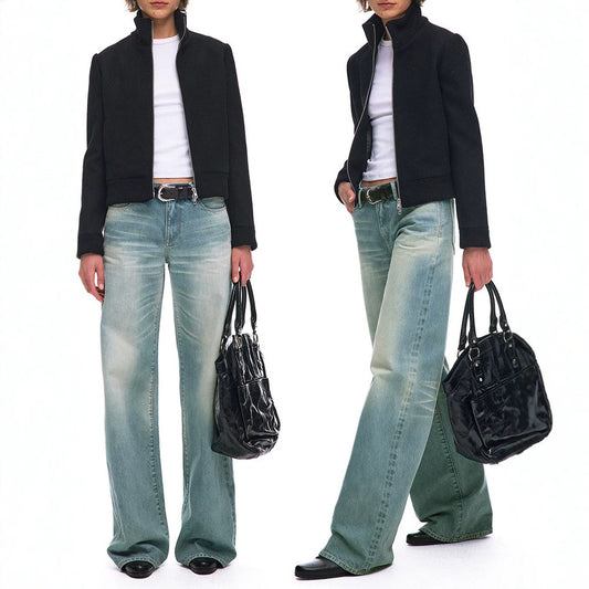 Light Blue Loose Straight Leg Low Waist Vintage Washed Denim Jeans for Women