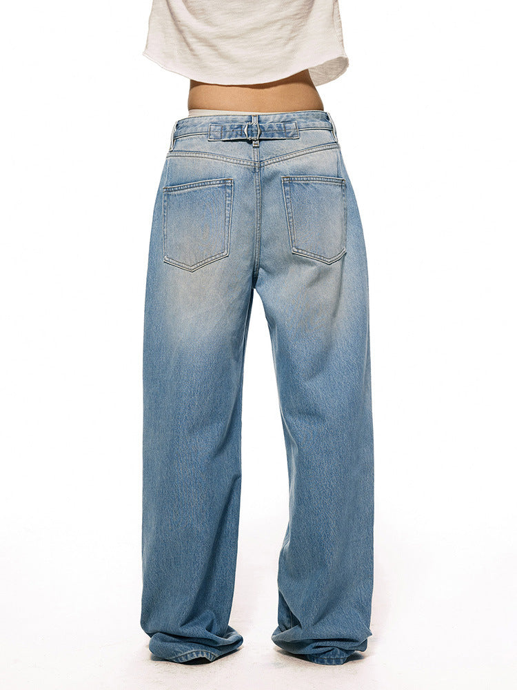 Loose Mid-Low Waist Washed Blue Jeans Women's Straight Leg Relaxed Fit Long Pants