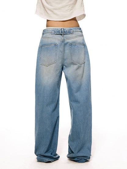 Loose Mid-Low Waist Washed Blue Jeans Women's Straight Leg Relaxed Fit Long Pants
