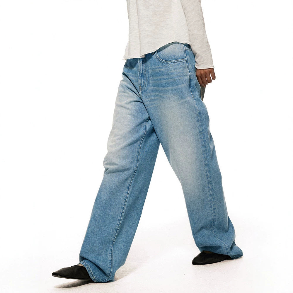 Loose Mid-Low Waist Washed Blue Jeans Women's Straight Leg Relaxed Fit Long Pants