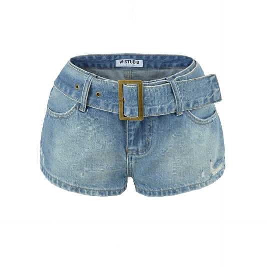 Belt denim shorts