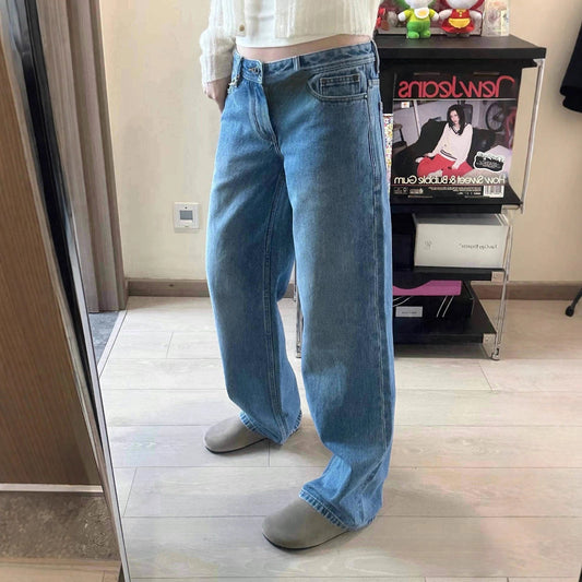 Light Blue Jeans Low Waist Washed Distressed Lazy Floor-Length Loose Straight Casual Pants for Women