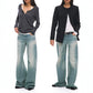 Light Blue Loose Straight Leg Low Waist Vintage Washed Denim Jeans for Women