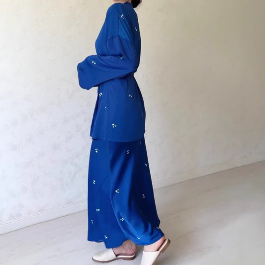 Long Sleeve Dress Set with Print, Satin Round Neck Fitted Waist, Elegant and Fashionable