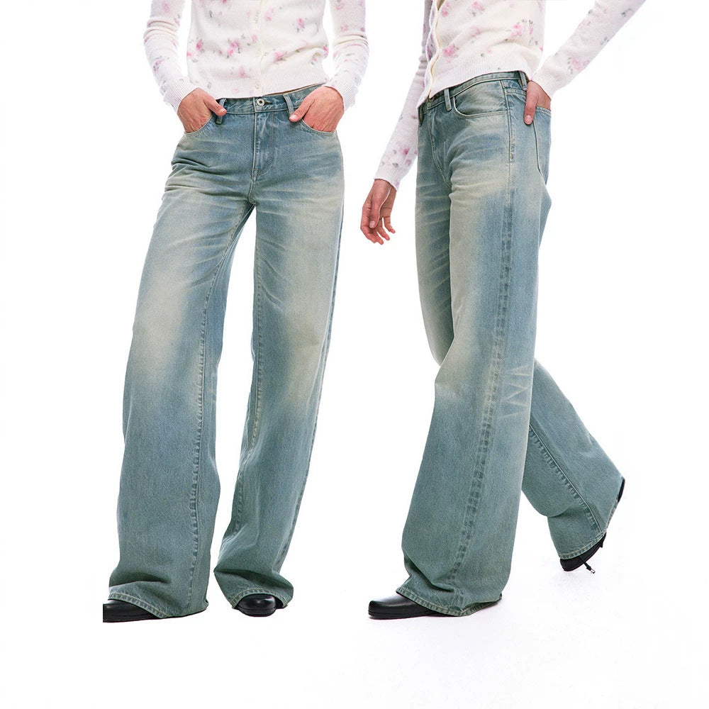 Light Blue Loose Straight Leg Low Waist Vintage Washed Denim Jeans for Women