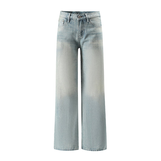 Light Blue Loose Straight Leg Low Waist Vintage Washed Denim Jeans for Women