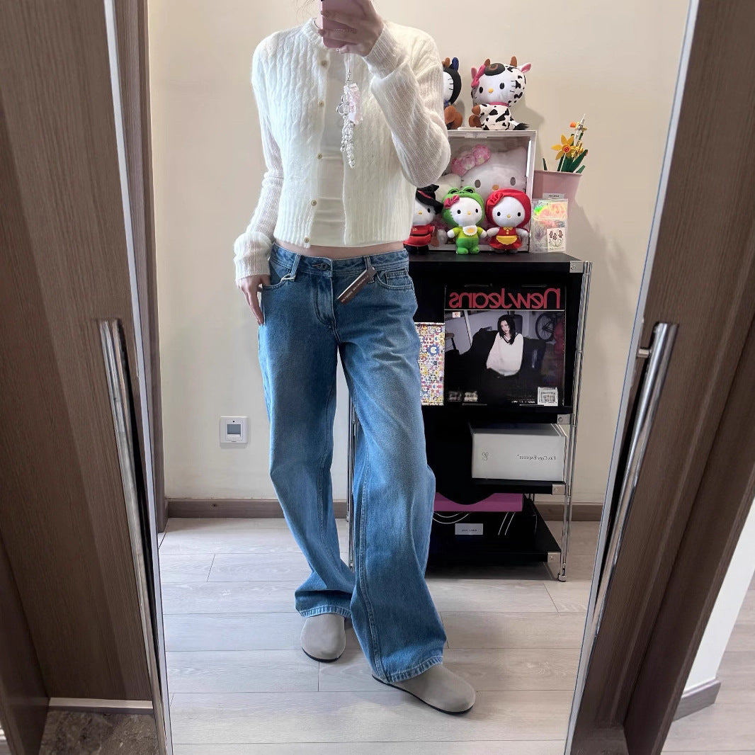 Light Blue Jeans Low Waist Washed Distressed Lazy Floor-Length Loose Straight Casual Pants for Women