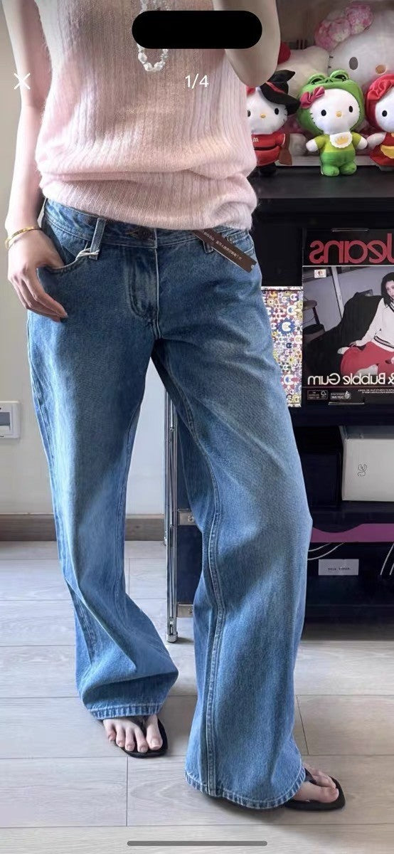 Light Blue Jeans Low Waist Washed Distressed Lazy Floor-Length Loose Straight Casual Pants for Women