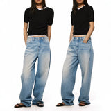 Loose Mid-Low Waist Washed Blue Jeans Women's Straight Leg Relaxed Fit Long Pants