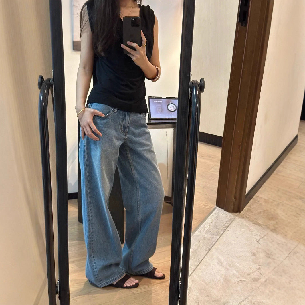Light Blue Jeans Low Waist Washed Distressed Lazy Floor-Length Loose Straight Casual Pants for Women